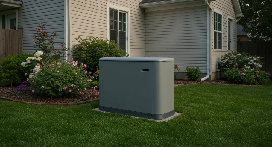A quiet, modern backup generator sits on a concrete pad in a manicured lawn next to a suburban home with a garden and bushes.