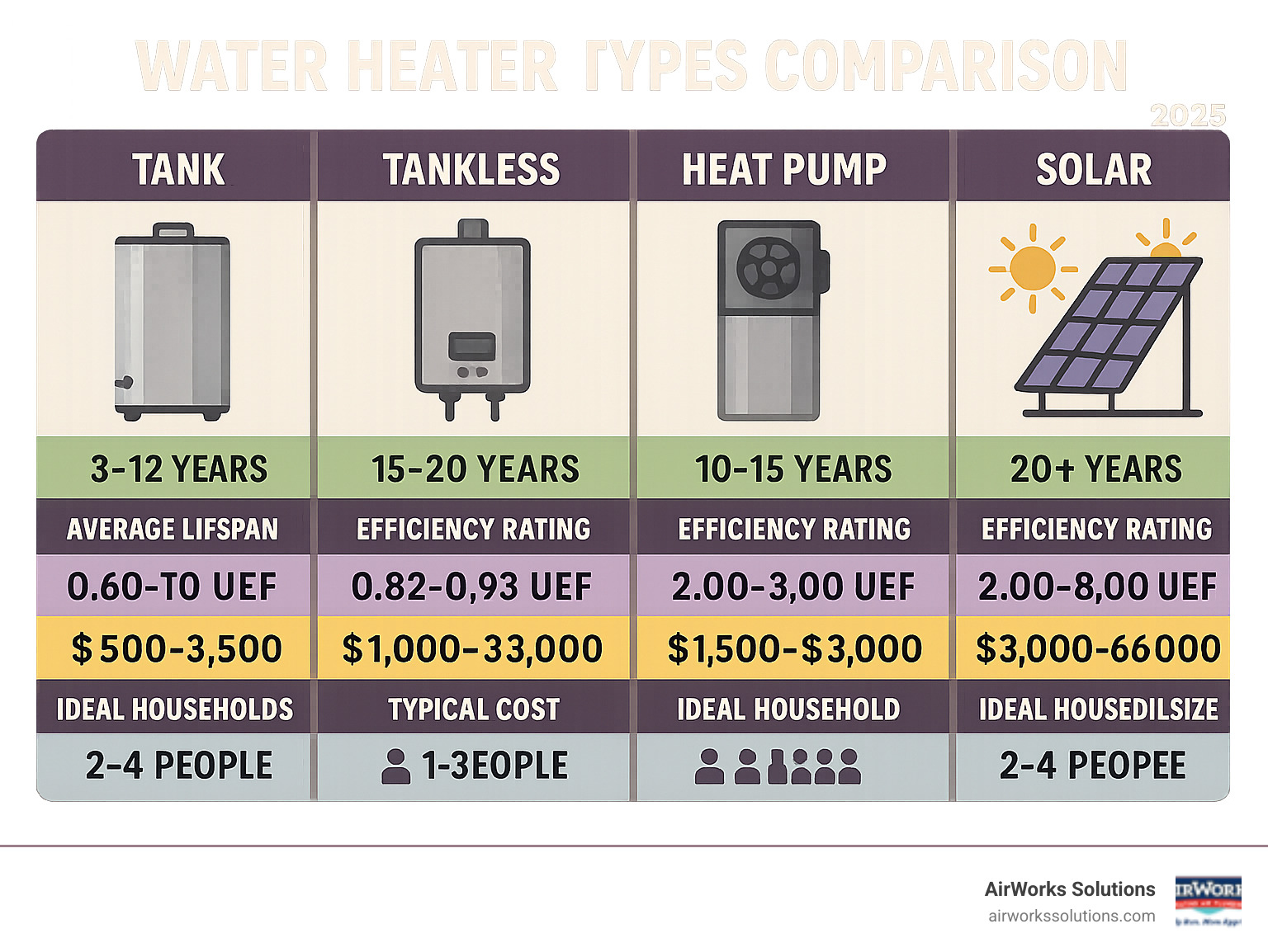 Comprehensive infographic showing water heater types comparison with tank vs tankless vs heat pump vs solar options, including average lifespans, efficiency ratings, typical costs, and ideal household sizes for each type - Water Heater infographic 