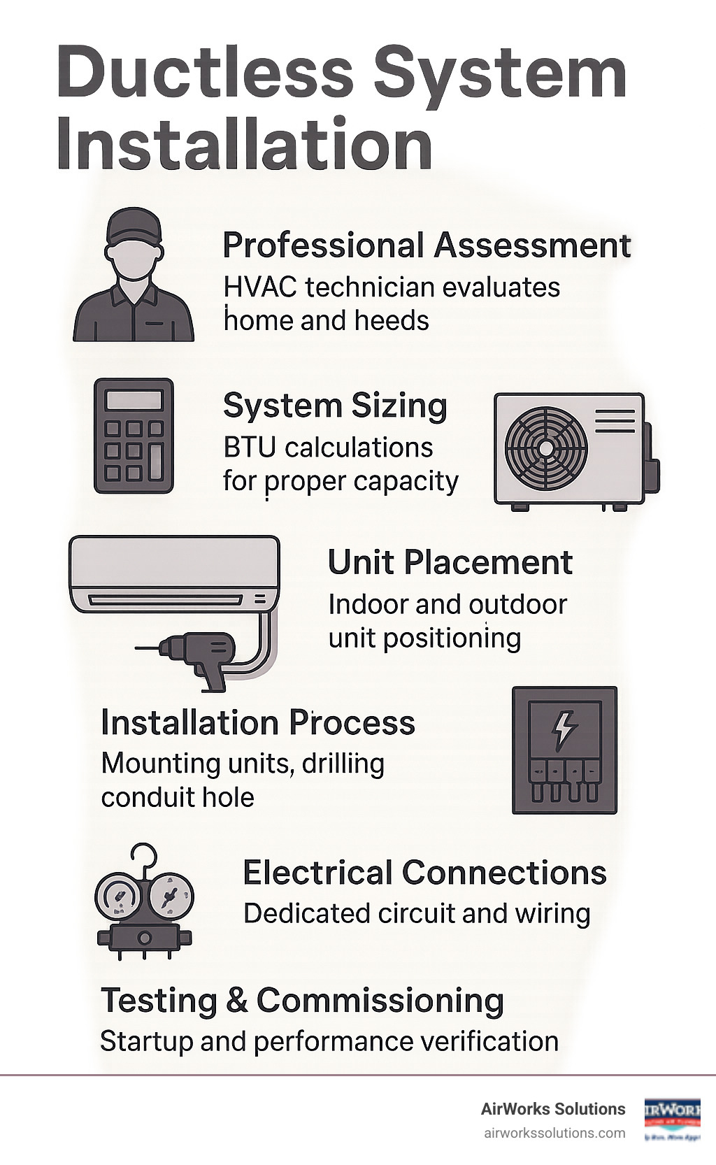 Detailed infographic showing ductless mini-split installation process from initial assessment through final testing, including indoor unit mounting, outdoor unit placement, refrigerant line connections, and electrical hookup steps - ductless system installation infographic 