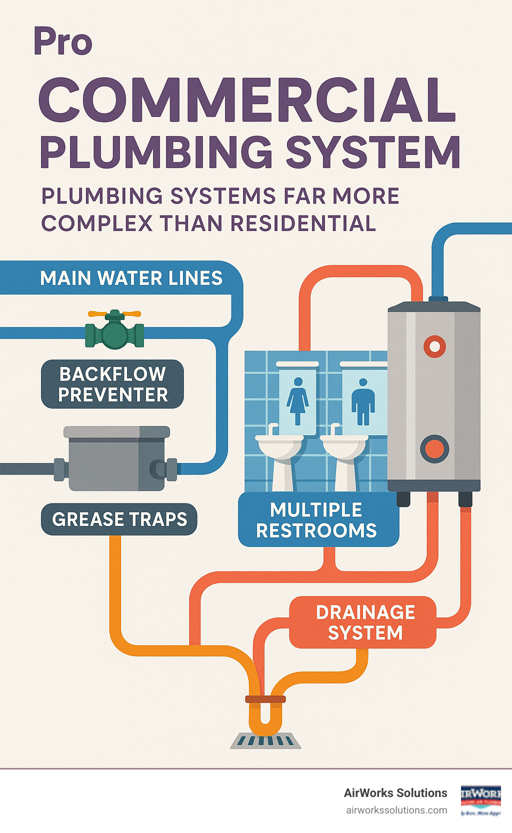 Infographic showing commercial plumbing system components including main water lines, backflow preventers, grease traps, multiple restrooms, water heaters, and drainage systems with emphasis on complexity compared to residential systems - Professional plumbing repair infographic 