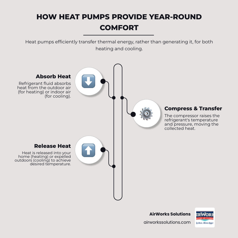 Detailed infographic showing heat pump operation in both heating and cooling modes, with arrows indicating heat transfer from outdoor air to indoor spaces in winter, and reverse process in summer, including key components like compressor, reversing valve, and indoor/outdoor coils - heat pump installation thousand oaks infographic infographic-line-3-steps-neat_beige