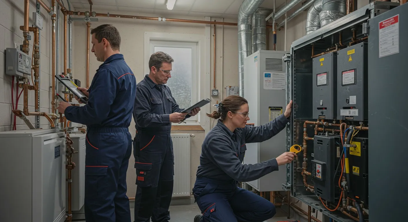 Three HVAC technicians servicing an heating unit.
