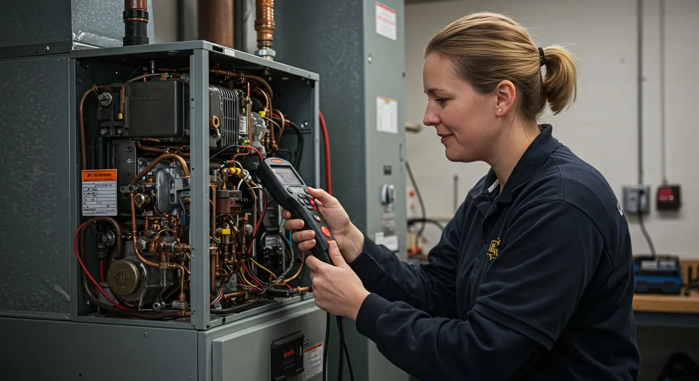 A woman inspecting an furnace.