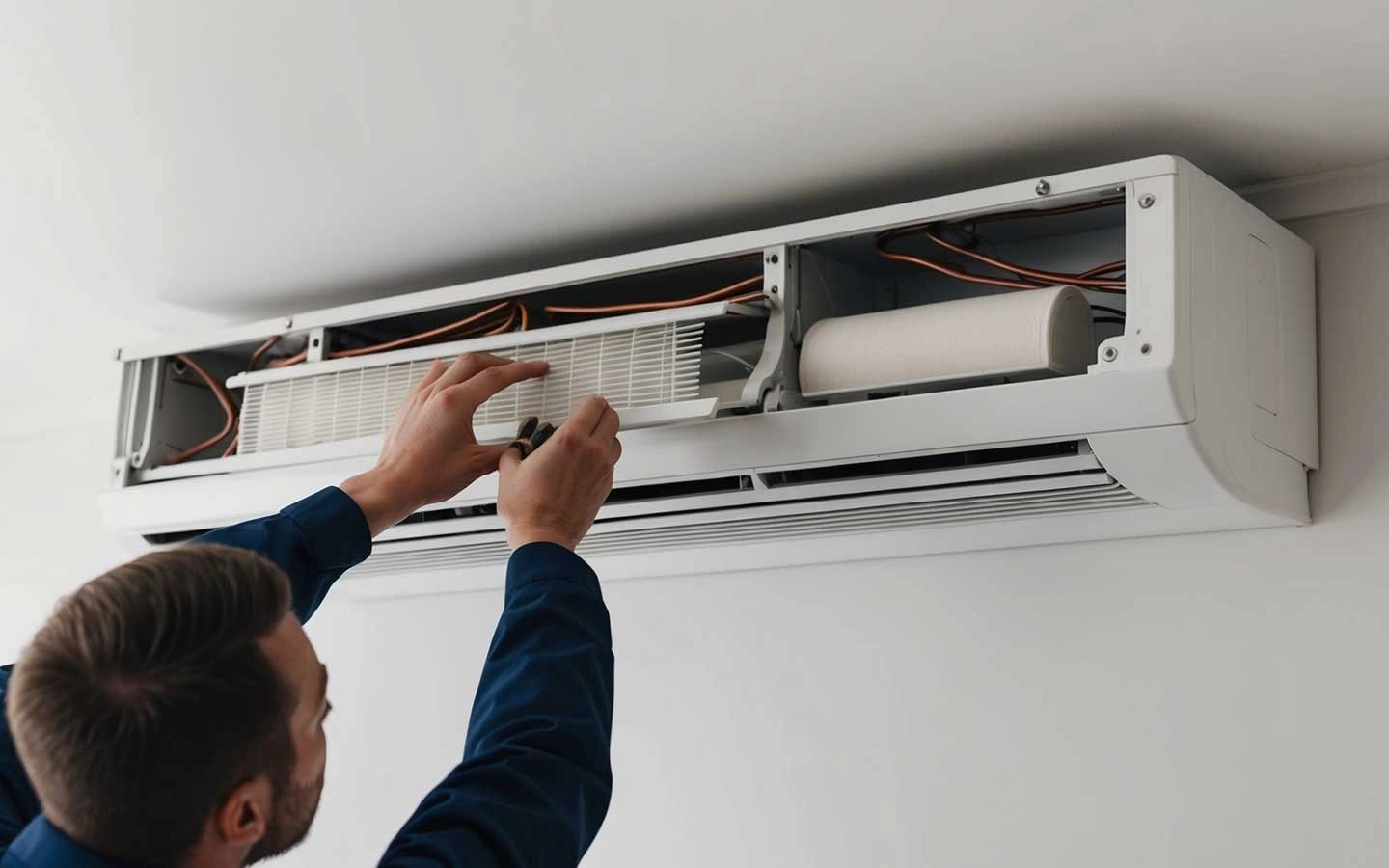 A repairman installing the filter of an AC.