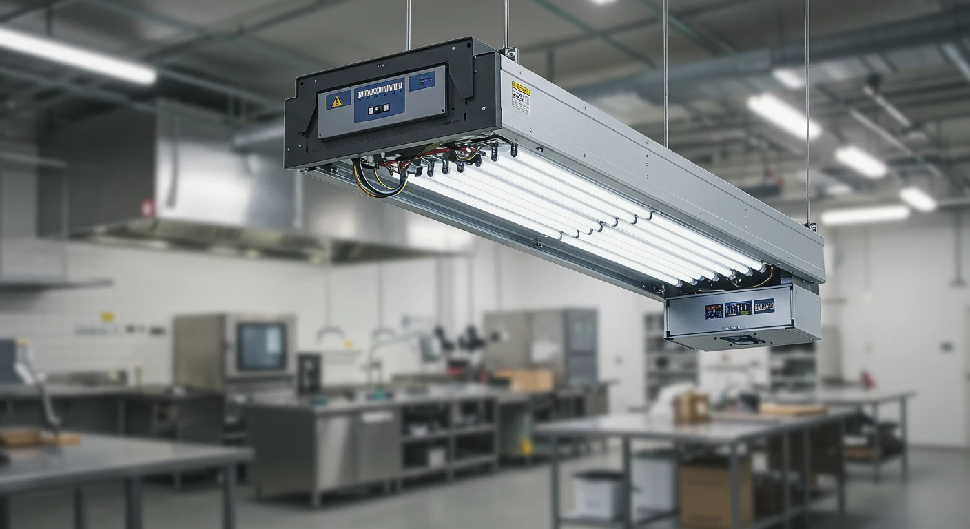 A long, industrial UV air purifier with a silver metal frame is suspended from the ceiling by cables in a large, professional kitchen or laboratory.