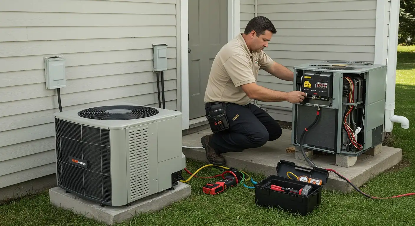 HVAC technician working on residential unit.