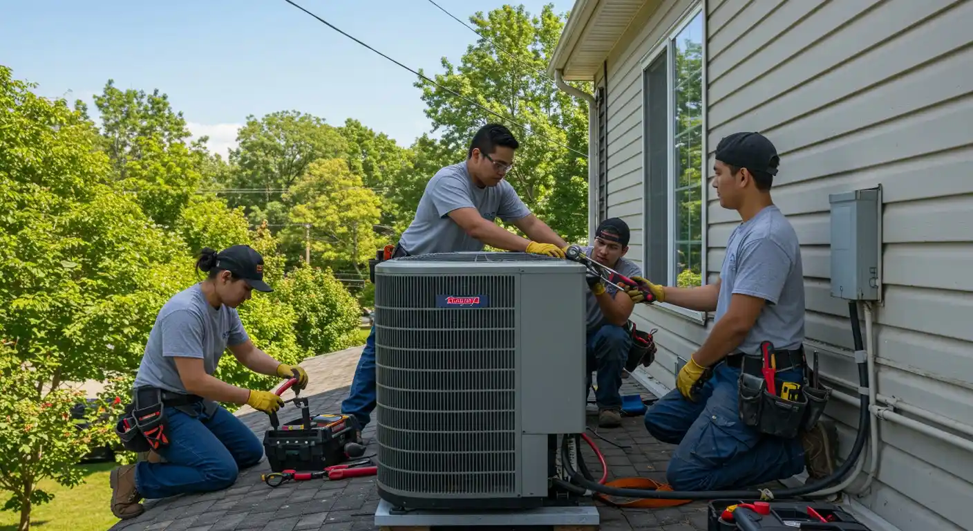 Four technicians installing an outdoor HVAC unit.