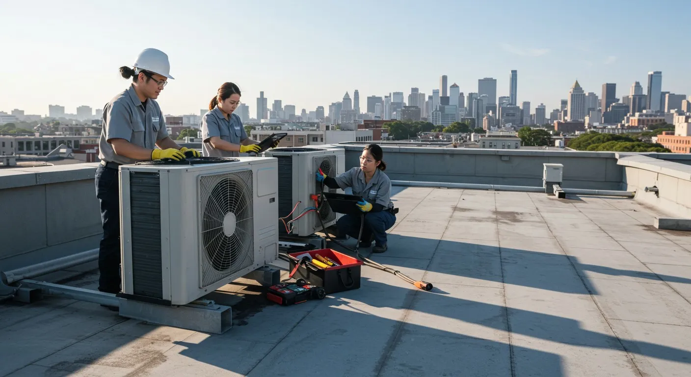 Three technicians servicing rooftop HVAC units.