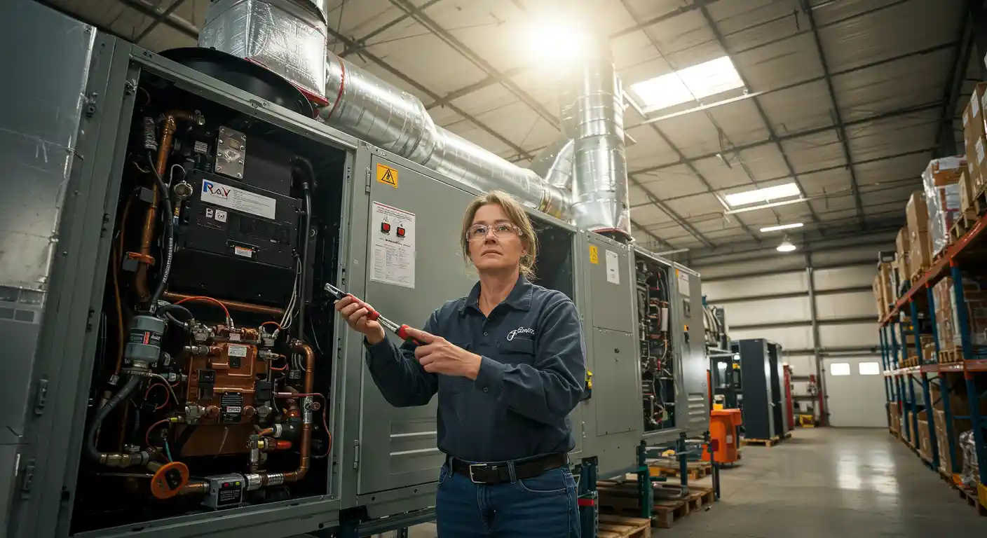 A female HVAC technician standing and looking at the camera while holding a tool in an industrial setting. She is wearing safety glasses, a dark polo shirt with a company logo, and jeans. She is standing between two large pieces of HVAC or industrial machinery, which have their panels open to reveal a complex network of wires, pipes, and components. The background is a warehouse with high ceilings, large ducts, and aisles with stacked boxes on shelves.