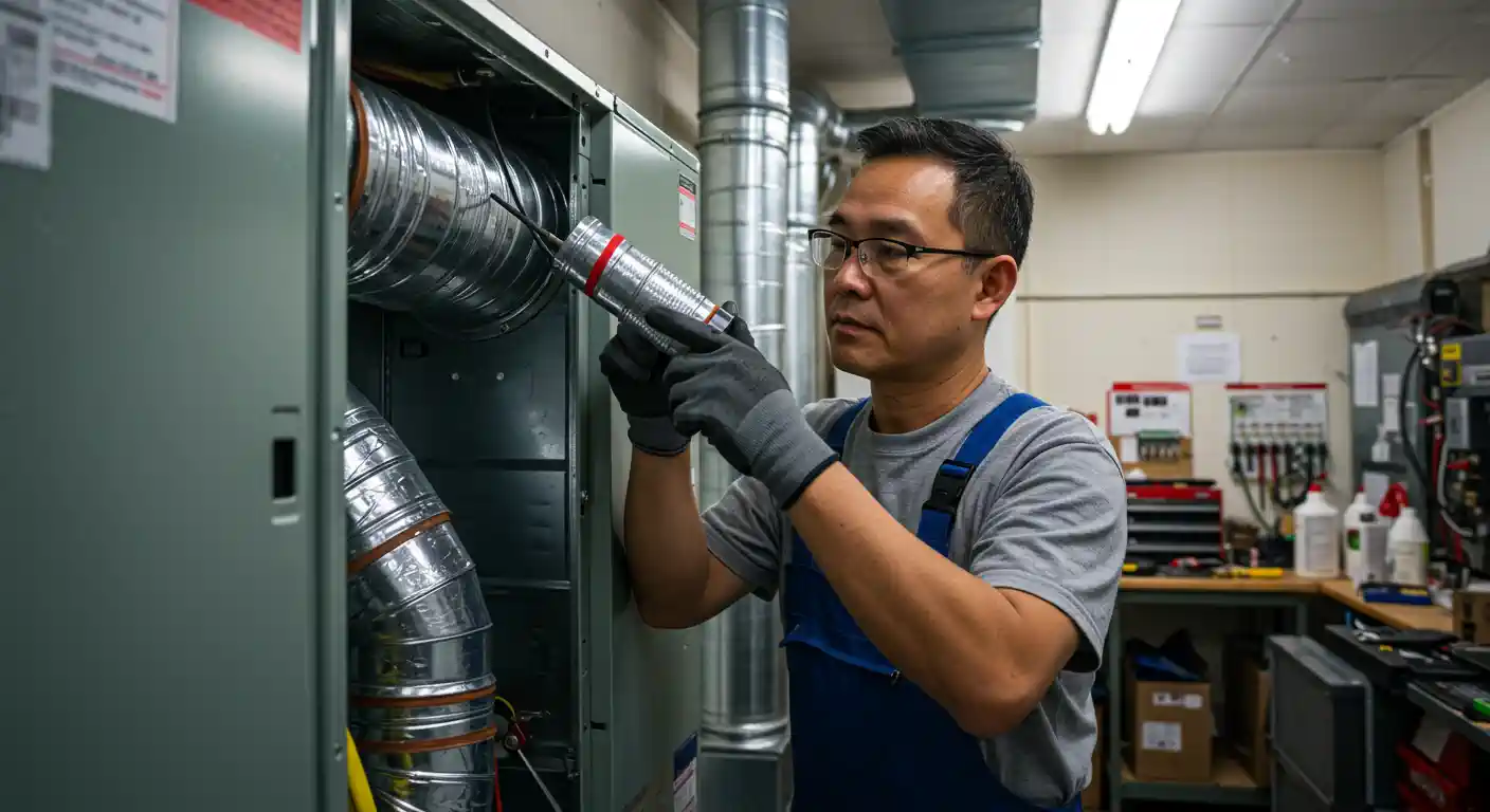 A male technician wearing safety glasses, a gray t-shirt, and blue overalls, applying caulk or sealant to the connection point of a large HVAC unit and a flexible metal duct. He is using a caulk gun and wearing gray work gloves. The background is a workshop or utility room with a workbench and other equipment, suggesting he is performing a professional installation or repair.