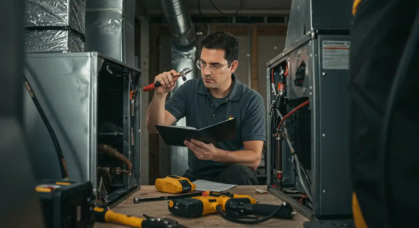A male HVAC technician wearing a dark gray polo shirt and safety glasses. He is sitting on a stool or bench between two large HVAC units in a basement. He is holding a pair of red pliers in one hand and a notebook in the other, referencing a diagram or notes while looking at the equipment. Various yellow and black tools are scattered on the workbench in front of him. The setting is a professional service environment, with ductwork and exposed ceiling joists visible in the background.