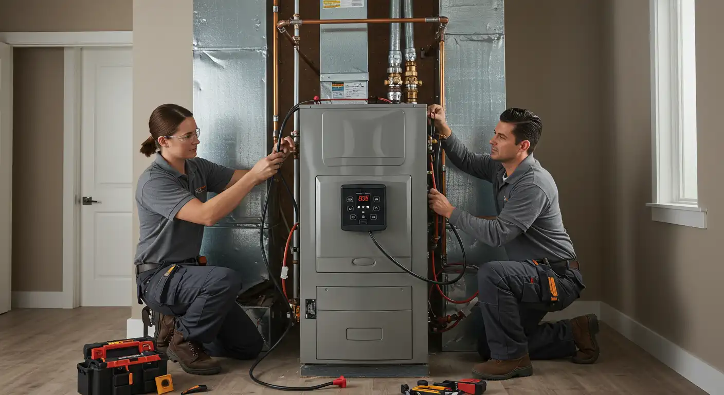 Two HVAC technicians, a man and a woman, are working together to install or service a modern furnace unit. They are kneeling on either side of the large, gray unit, connecting wiring and piping. The furnace is backed by galvanized ductwork and copper piping. A control panel with a digital display is visible on the front, and a toolbox is on the floor, suggesting a collaborative installation or final setup in a residential utility space.