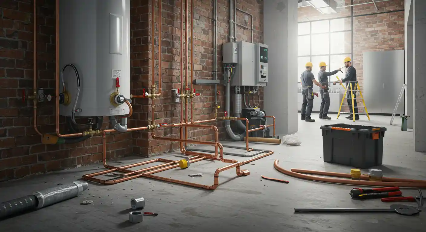Three plumbers wearing hard hats and working on a commercial plumbing installation in a room with exposed brick walls. In the foreground, a complex network of copper pipes is laid out on a concrete floor, ready for installation. In the background, two plumbers are working on a ladder while a third stands nearby, all collaborating on the project. A large water heater is visible on the left, connected to a section of the piping.