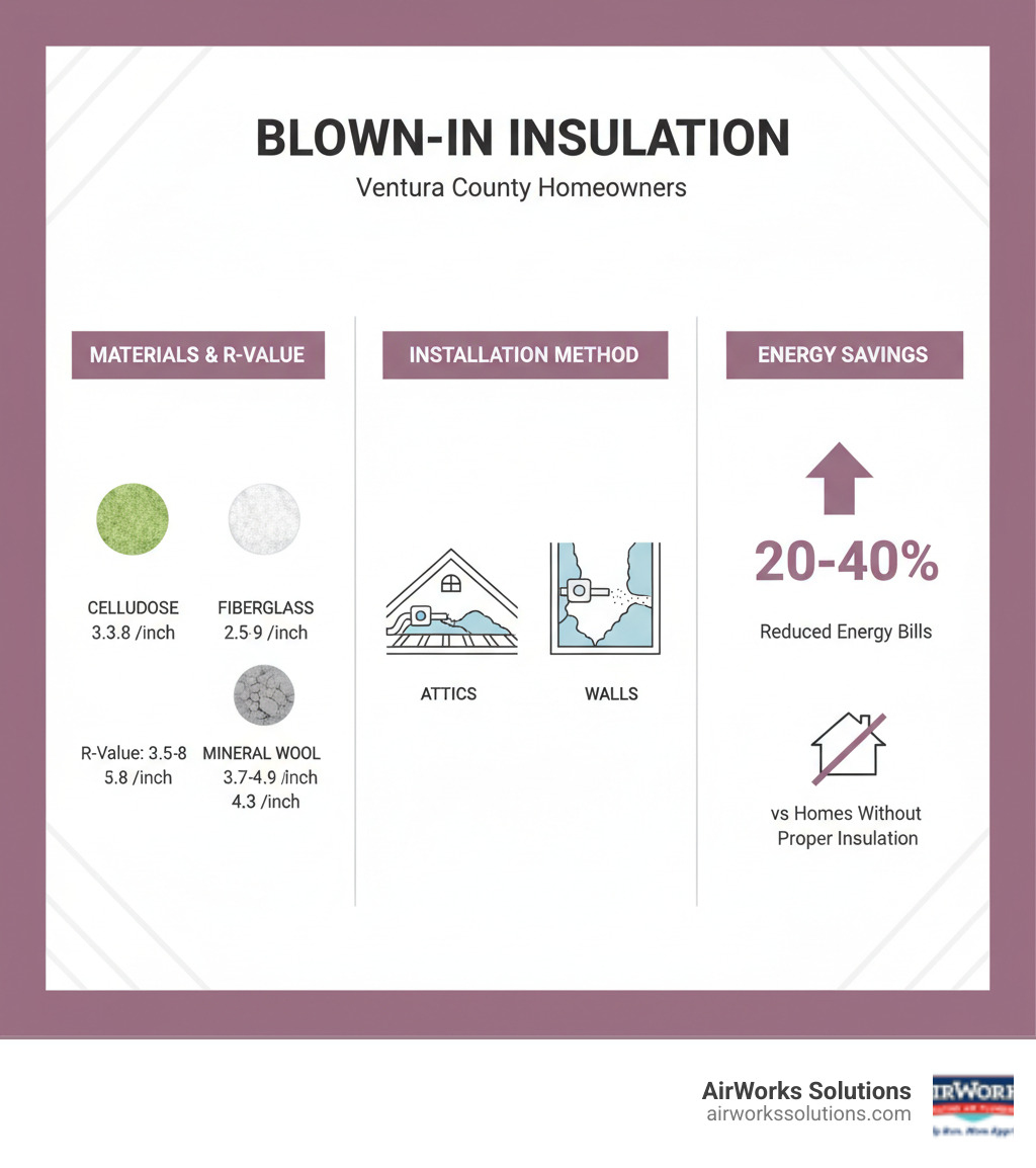 Infographic showing blown-in insulation materials (cellulose, fiberglass, mineral wool) with their R-values per inch, installation methods for attics versus walls, and energy savings percentages compared to homes without proper insulation - Blown in insulation infographic 