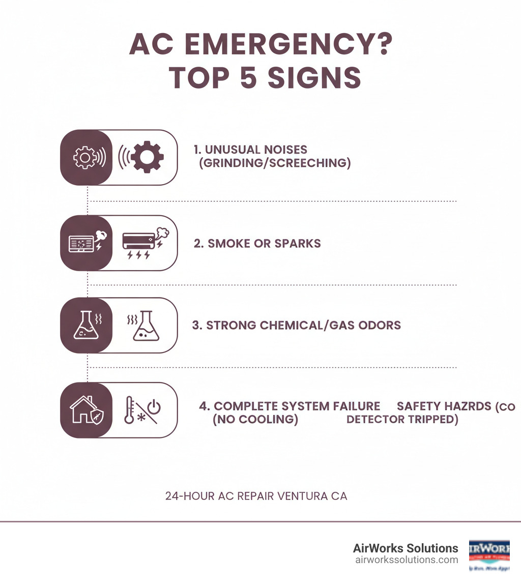 Infographic showing the top 5 signs you need emergency AC repair: unusual noises like grinding or screeching, visible smoke or sparks from the unit, strong chemical or gas odors, complete system failure with no cooling, and safety hazards like tripped carbon monoxide detectors - 24 hour ac repair ventura ca infographic 
