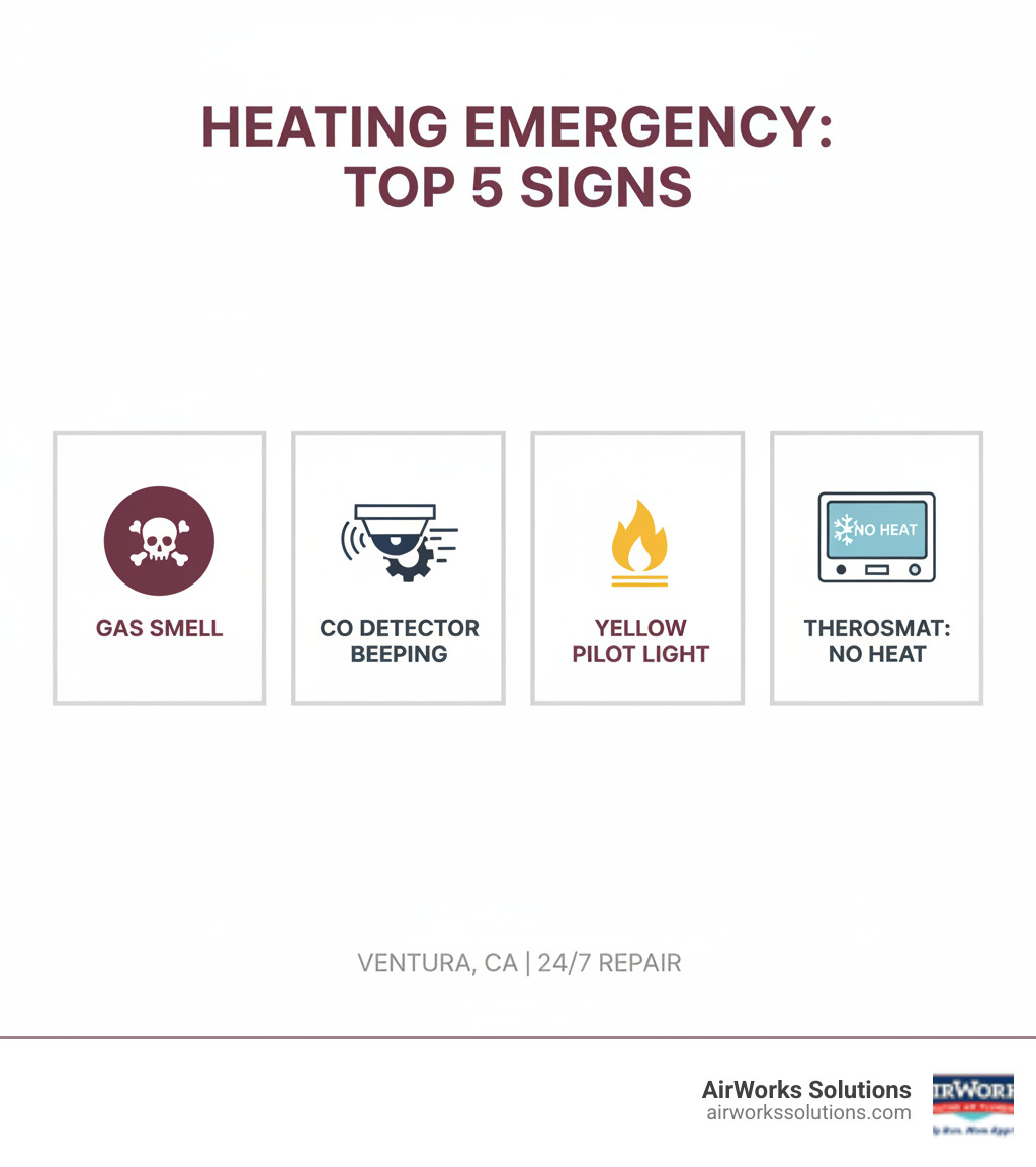 Infographic showing the top 5 signs of a heating emergency: gas smell with skull and crossbones icon, carbon monoxide detector beeping, furnace making loud grinding noises, yellow pilot light flame, and thermostat showing no heat with snowflake symbol - emergency heating repair ventura ca infographic 