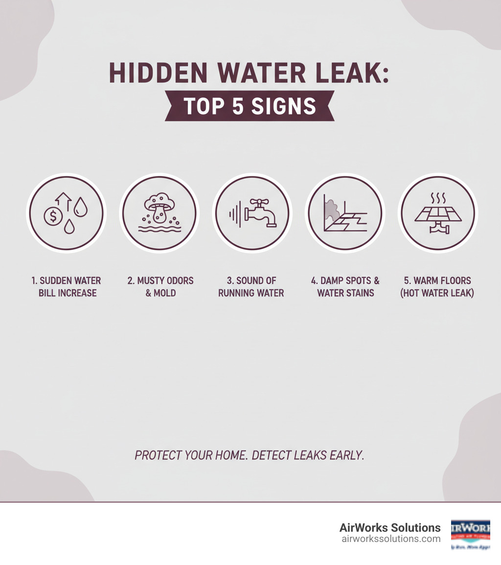 Infographic showing the top 5 signs of a hidden water leak: 1) Sudden increase in water bill without increased usage, 2) Musty odors or visible mold on walls and baseboards, 3) Sound of running water when all fixtures are turned off, 4) Damp spots or water stains on ceilings, walls, or floors, 5) Warm spots on floors indicating hot water line leaks beneath the foundation - water leak detection moorpark ca infographic  Infographic showing the top 5 signs of a hidden water leak: 1) Sudden increase in water bill without increased usage, 2) Musty odors or visible mold on walls and baseboards, 3) Sound of running water when all fixtures are turned off, 4) Damp spots or water stains on ceilings, walls, or floors, 5) Warm spots on floors indicating hot water line leaks beneath the foundation - water leak detection moorpark ca infographic