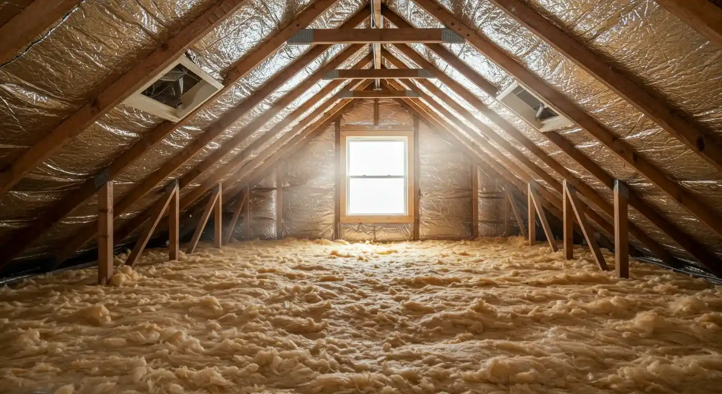 A spacious attic with yellow floor insulation, exposed wooden rafters, and a prominent central window, creating a bright and airy feel.