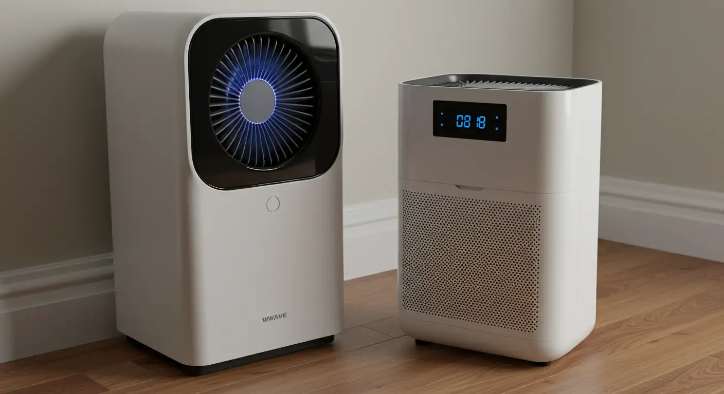 Two different iWave portable air purifiers sit side-by-side on a light wood floor near a wall