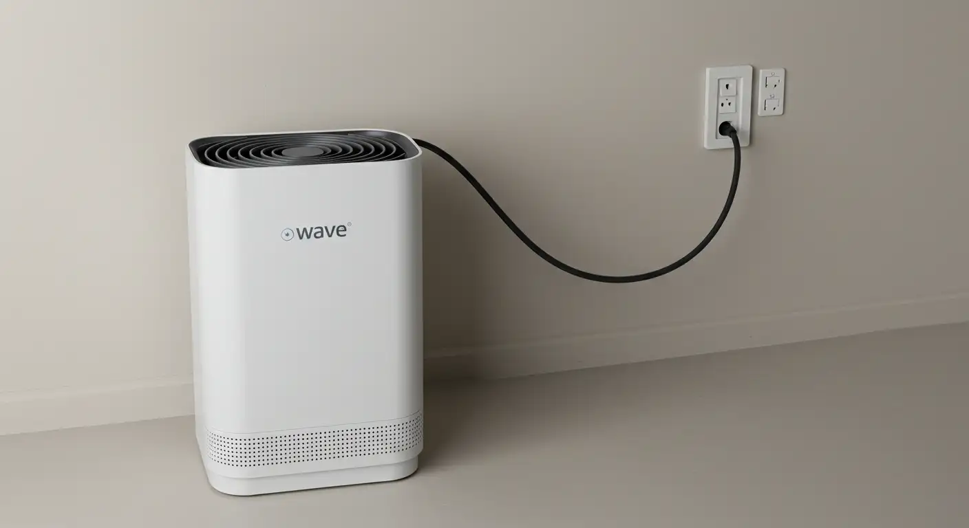 A tall, white iWave portable air purifier is plugged into a wall outlet in a room corner