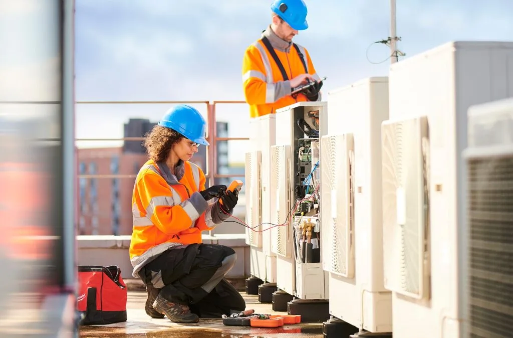 A female HVAC technician wearing a blue hard hat and an orange safety jacket kneels to examine the internal components of a large white AC unit on a rooftop. She is holding a digital multimeter to check the wiring. A second technician, also in a blue hard hat and safety jacket, stands behind her, looking at a clipboard or tablet.
