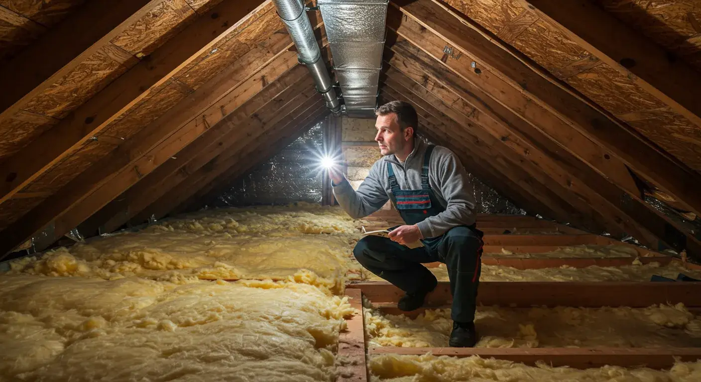 A contractor wearing a headlamp kneels in a dark attic, shining a flashlight on an air duct to check for leaks.
