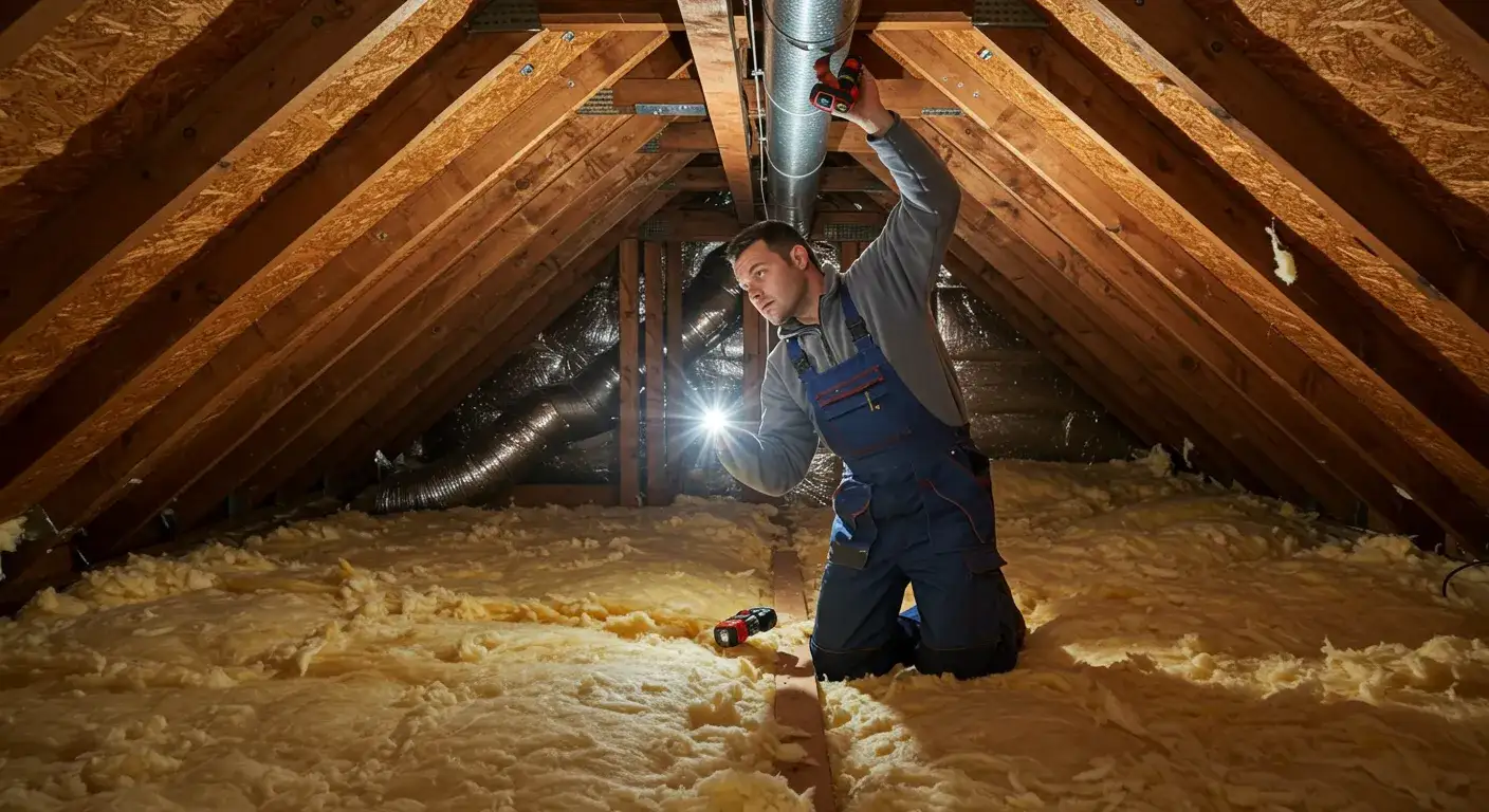 A contractor on his knees in an attic shines a flashlight on a silver air duct overhead to check its condition.