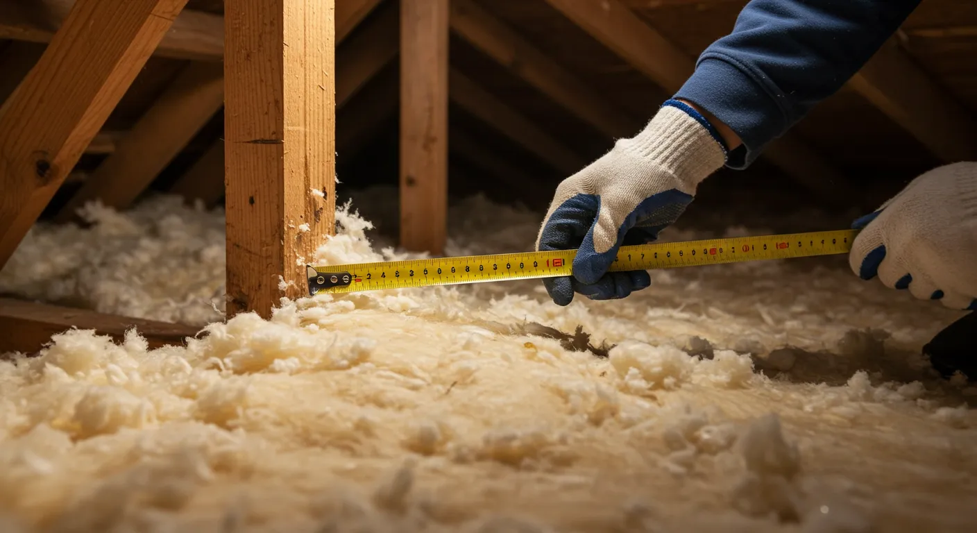 A worker's gloved hands measuring the thickness of light-colored insulation on the floor next to a wooden attic beam.