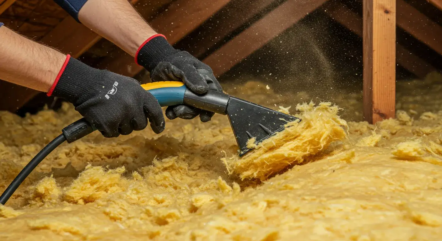 A close-up shot of a person wearing black gloves using a vacuum hose attachment to suck up and remove yellow, loose-fill insulation from an attic floor.