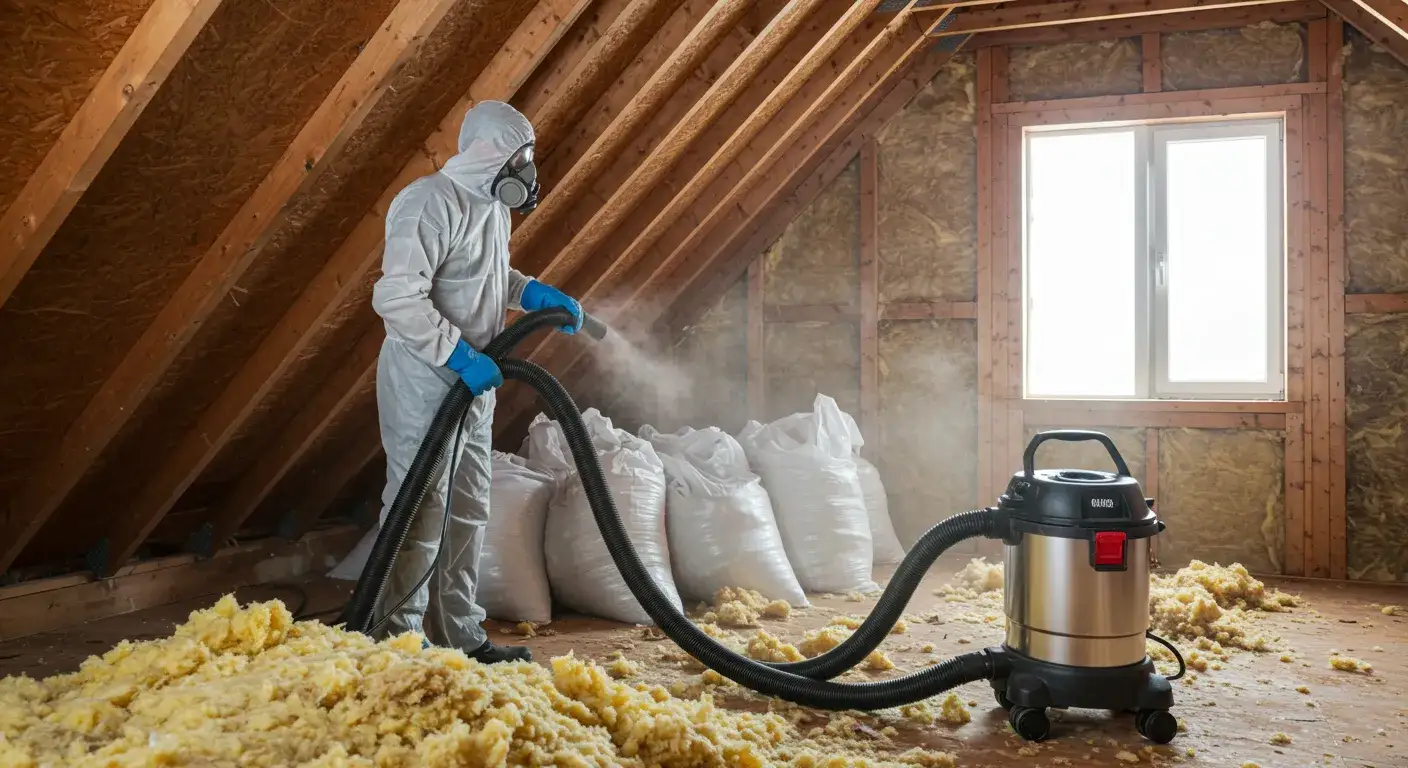 A contractor in a white hazmat suit uses a large vacuum to remove insulation in an attic. The hose feeds into a large silver vacuum unit, and white bags filled with insulation are stacked against the wall.