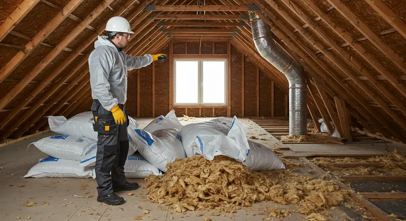 A contractor wearing a hard hat, goggles, and yellow gloves stands in a large attic pointing. Piles of old, yellow insulation are on the floor next to several large white bags filled with insulation.