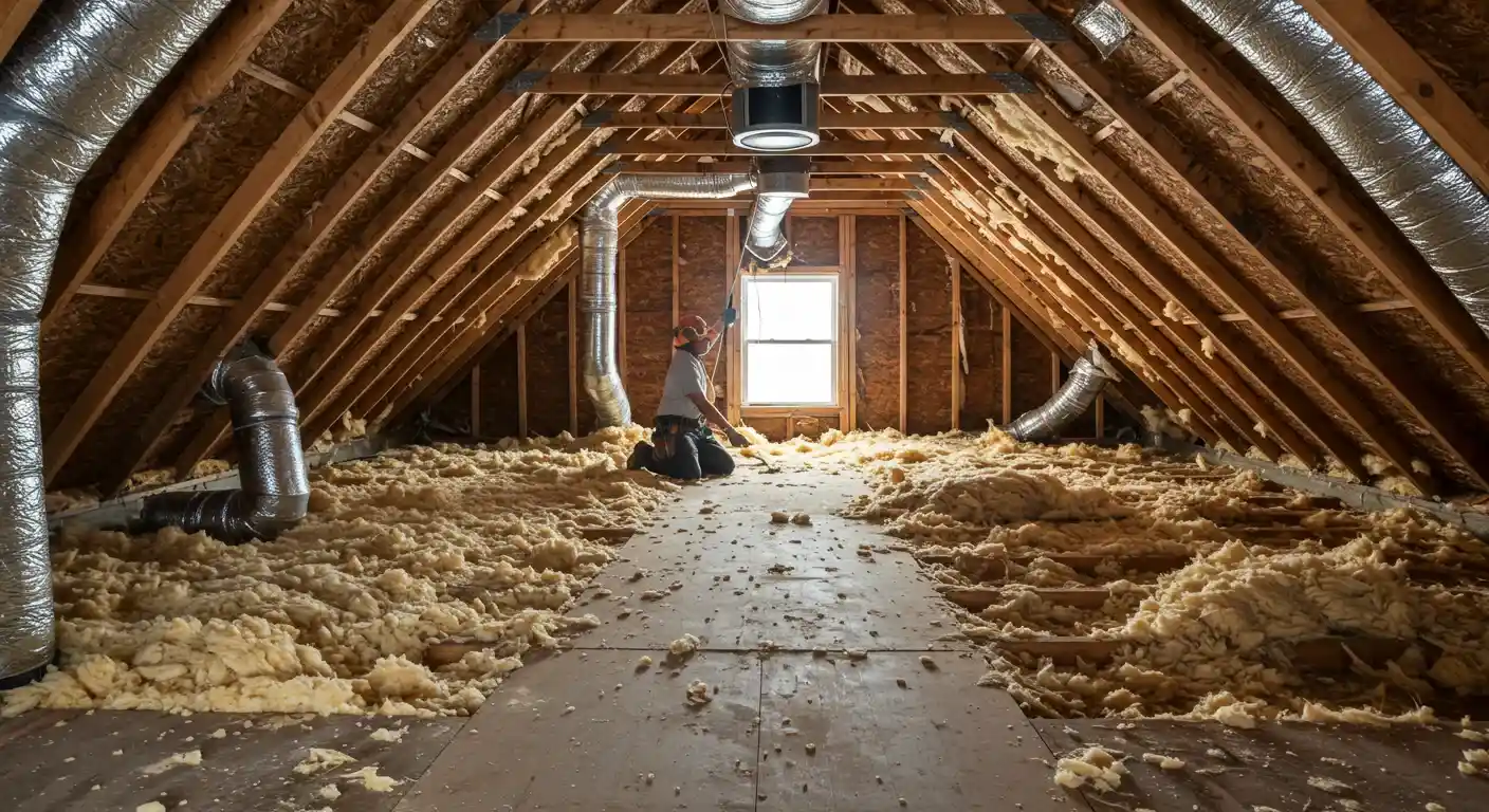 A wide shot of an attic from the back, showing a contractor kneeling on the floor, surrounded by piles of old insulation. A path is cleared down the middle, showing the floor boards, and large silver ducts are visible.