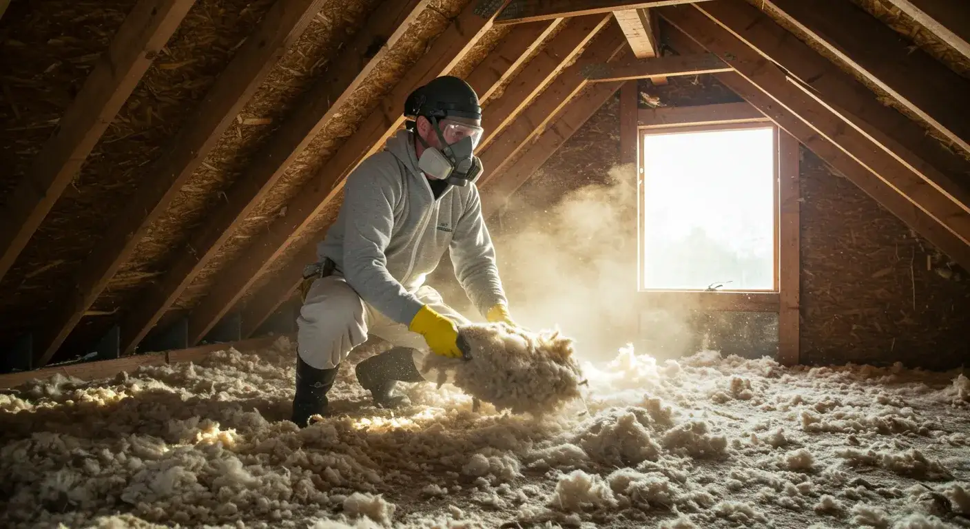 A contractor wearing a grey hoodie, respirator, and yellow gloves kneels in a dusty attic, picking up a handful of old, dirty insulation. Sunbeams from a window highlight the dust in the air.