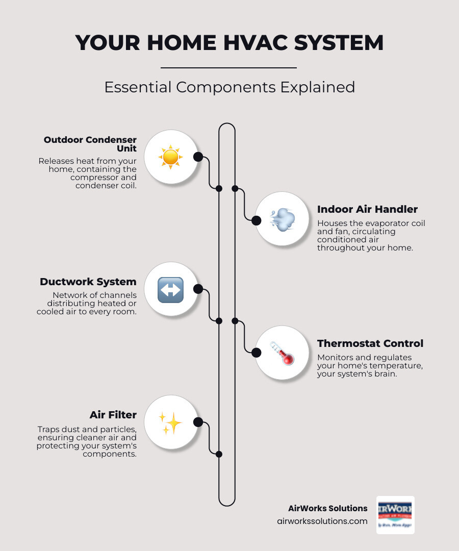infographic showing main HVAC system components including outdoor condenser unit, indoor air handler, ductwork, thermostat, and air filter with labels explaining each component's role in home comfort - hvac repair newbury park ca infographic infographic-line-5-steps-elegant_beige