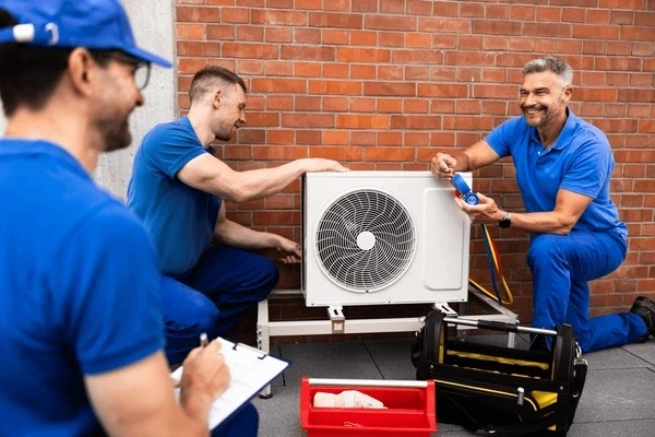 Three HVAC technicians repairing mini-split unit.