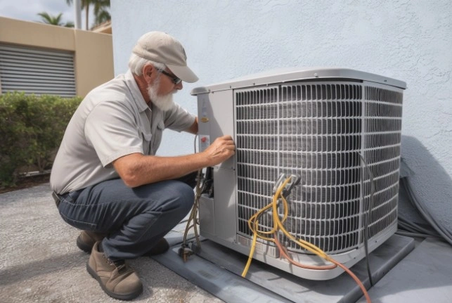 Man inspecting residential outdoor air conditioning unit.