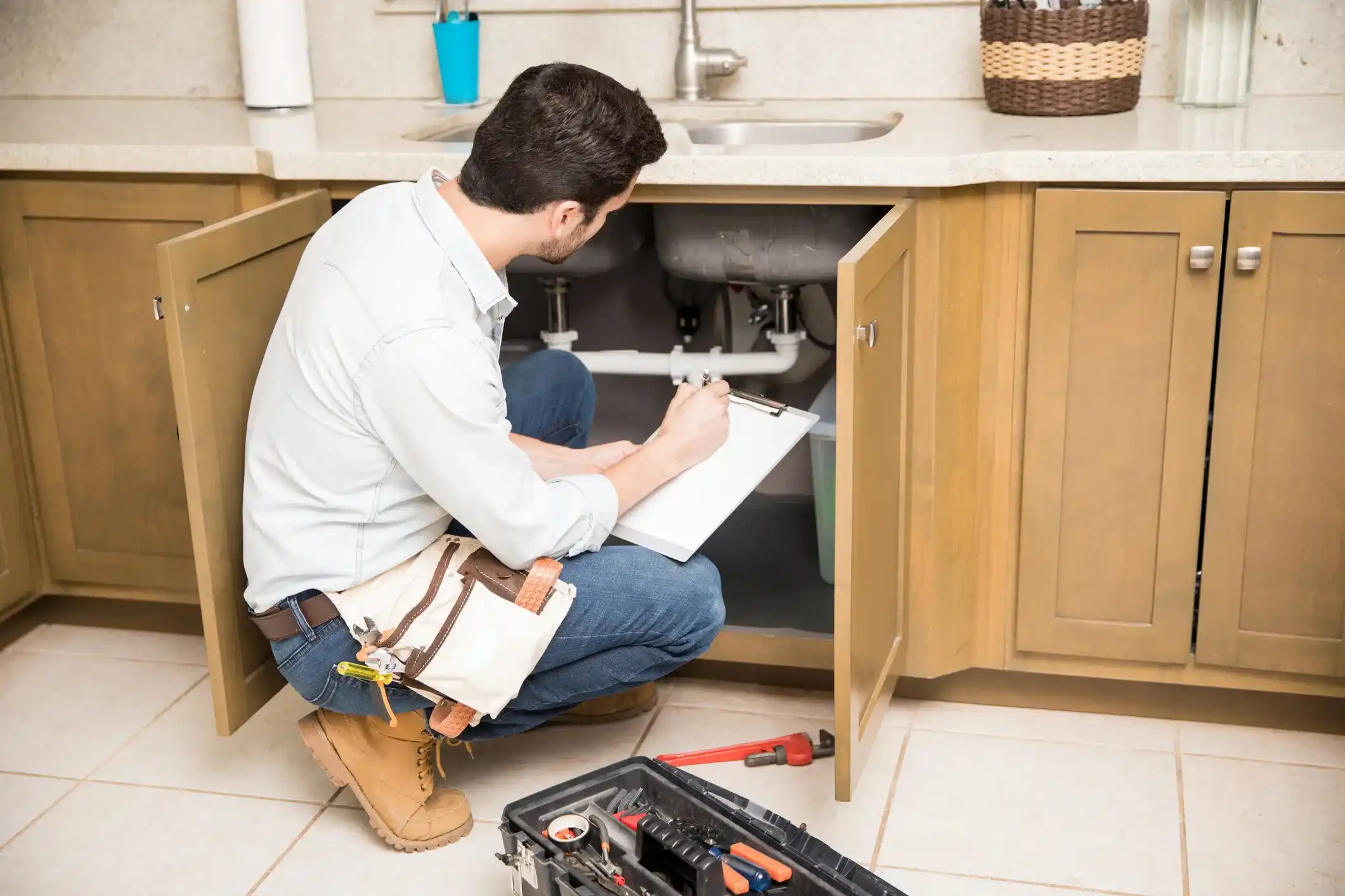 Plumbing service technician checking drain pipes and fittings under a cabinet while writing on a clipboard.