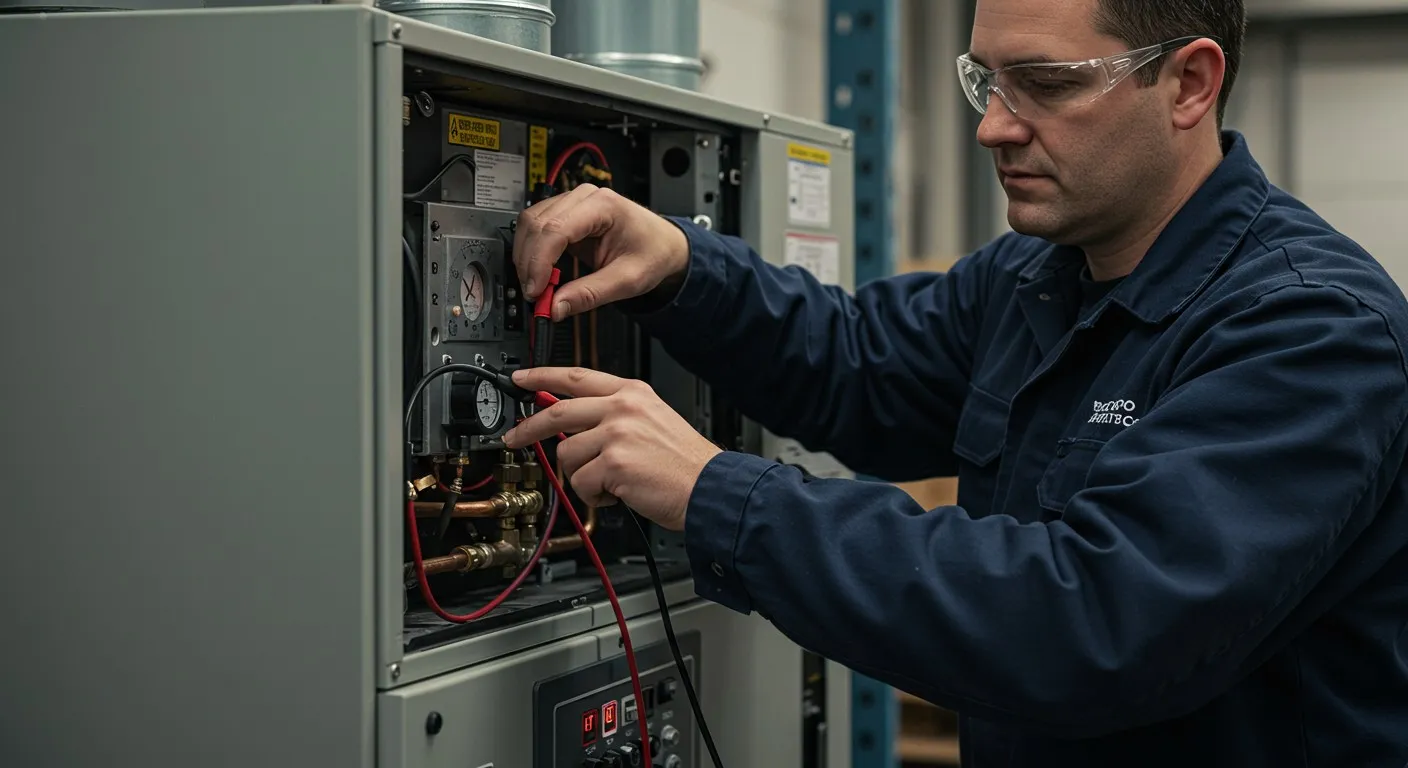 Technician using a multimeter on heater.