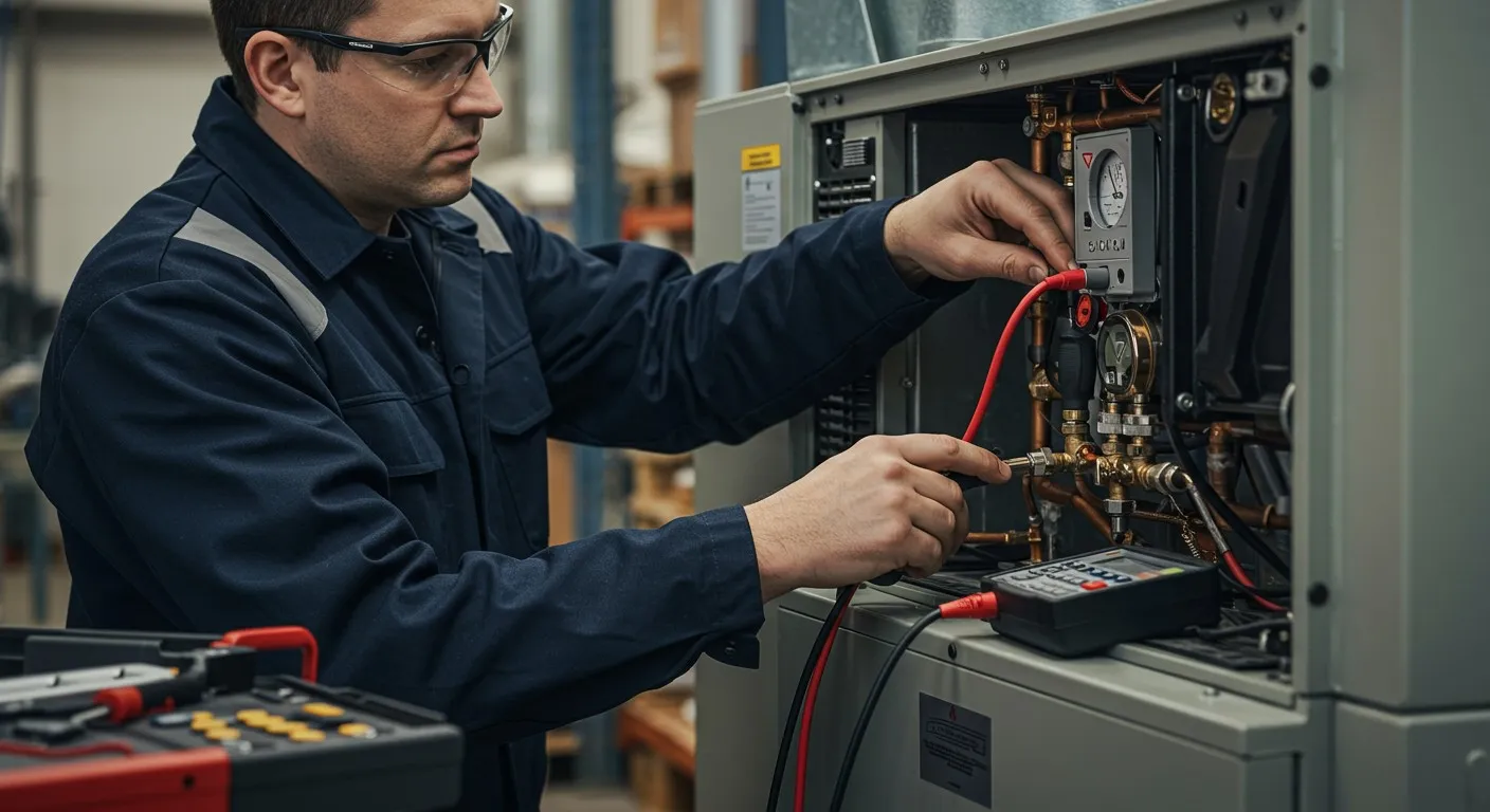 Technician checking electrical connections on machinery.