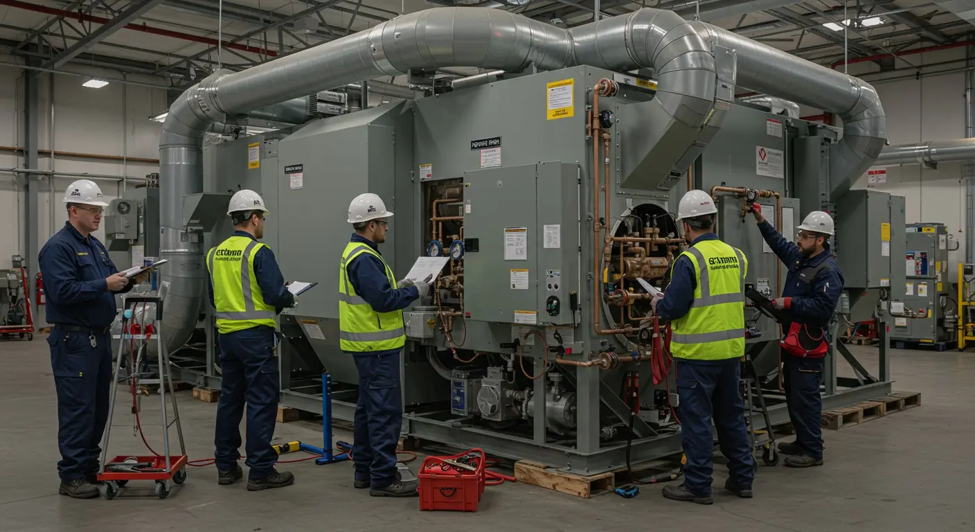 Workers performing maintenance on large HVAC unit.