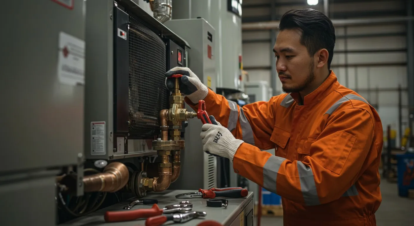 Technician adjusting valve on industrial equipment.
