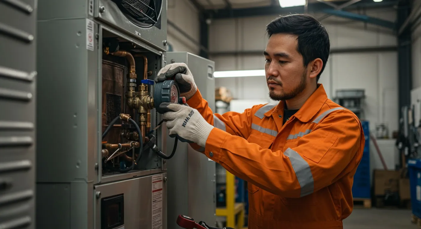Technician checking gauges on HVAC unit.
