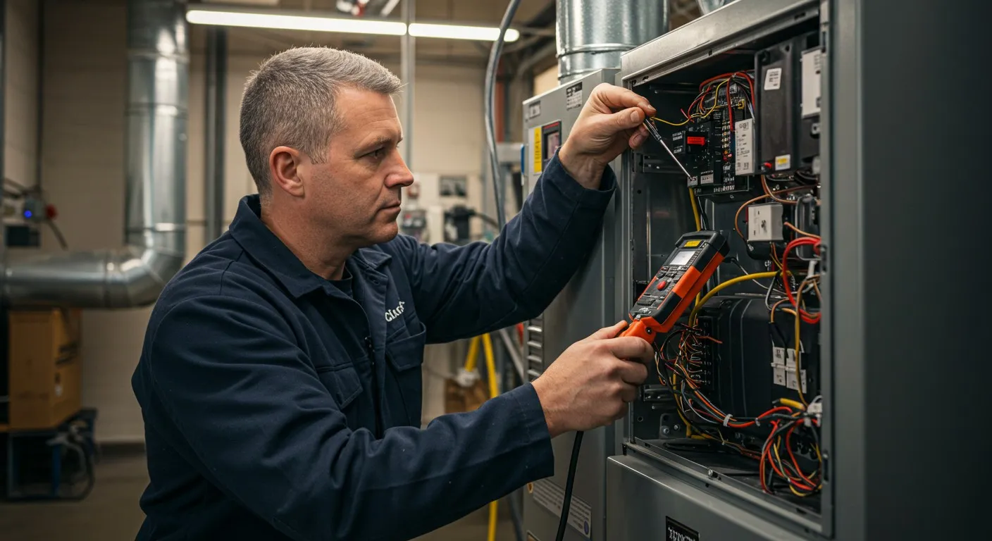 Technician using multimeter on furnace wiring.