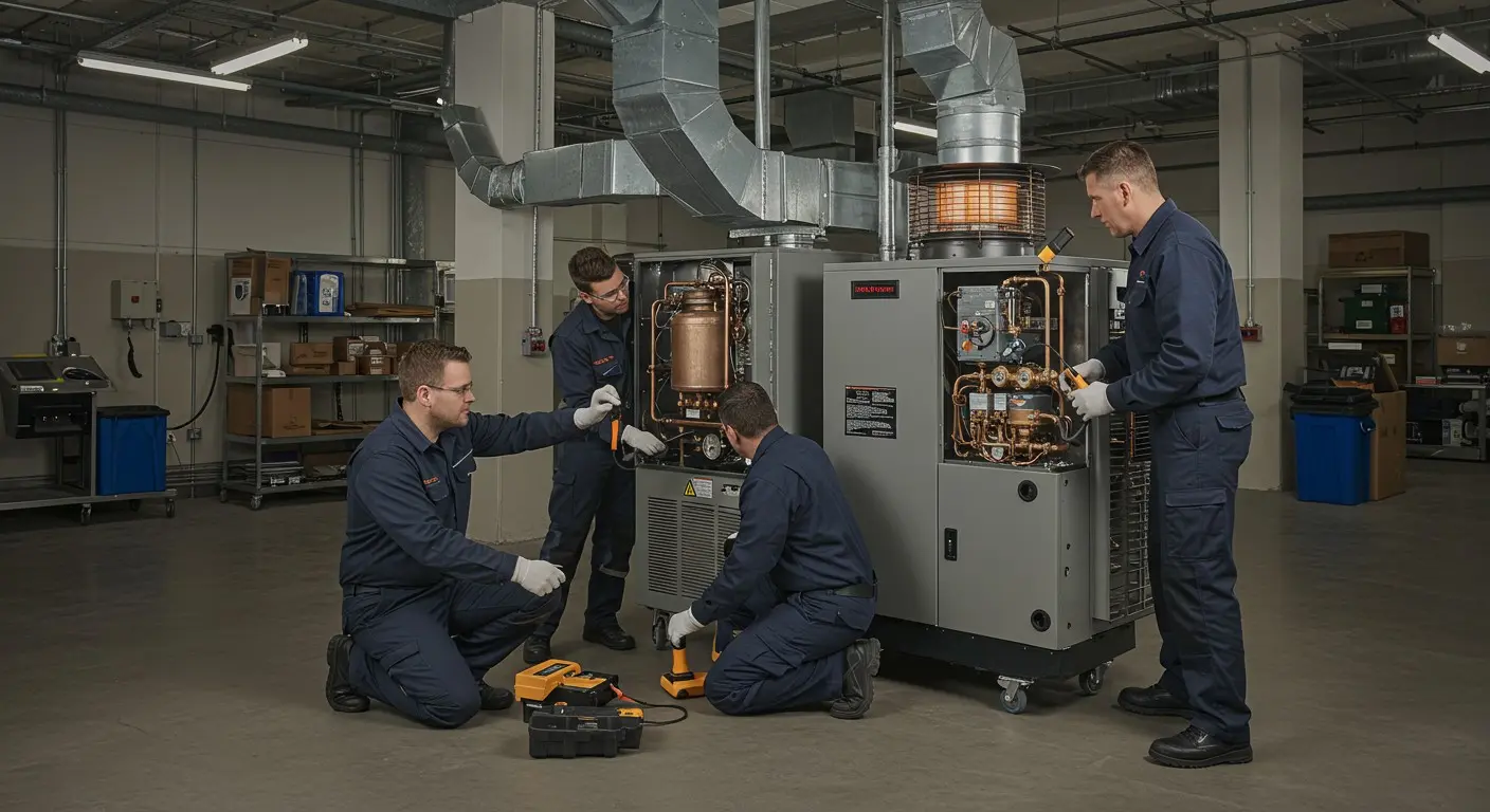 Four technicians servicing a commercial HVAC unit.