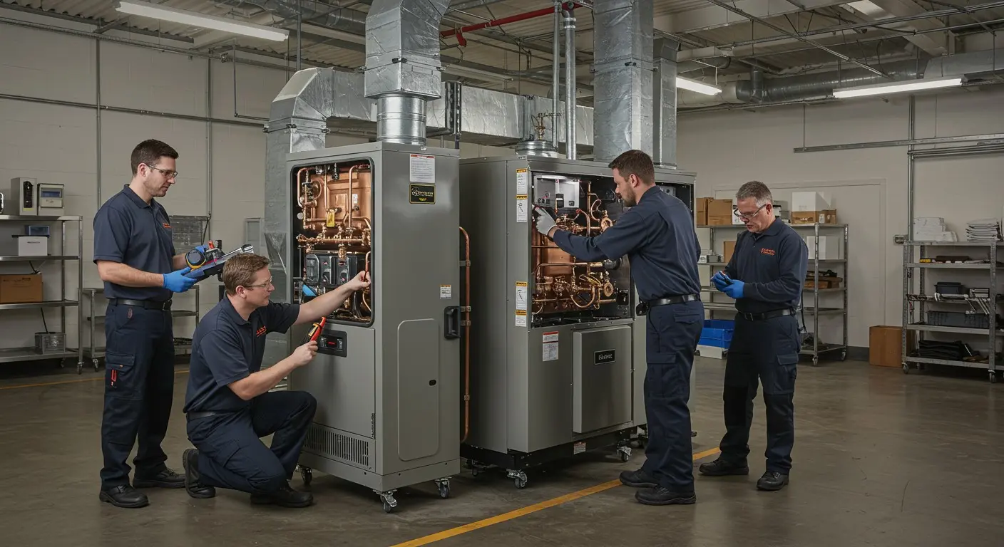Four technicians servicing two commercial heaters.