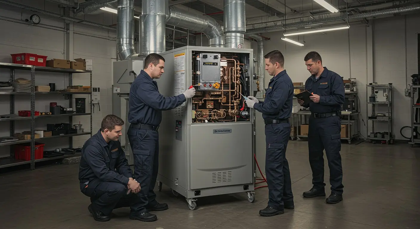 Four technicians working on commercial boiler.