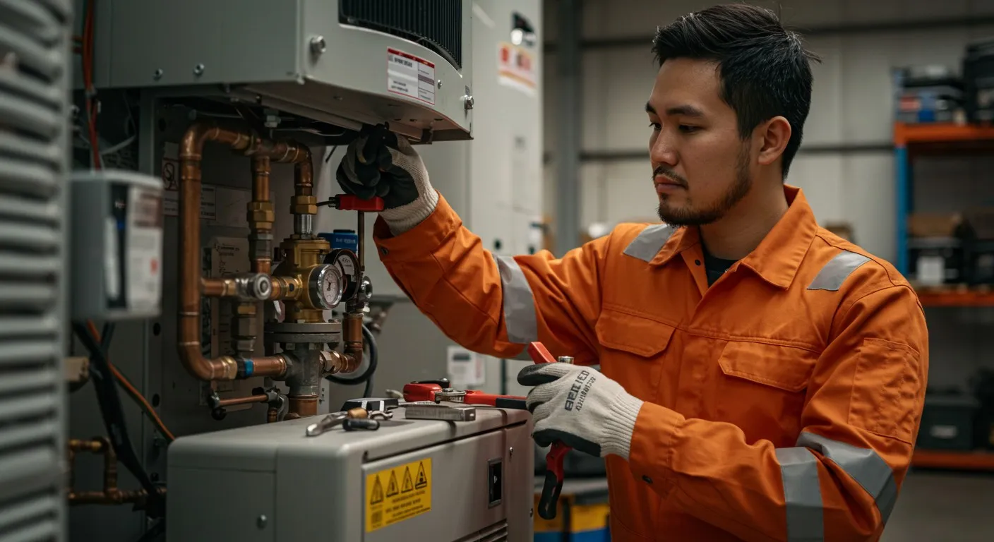 Technician making adjustments to a machine.