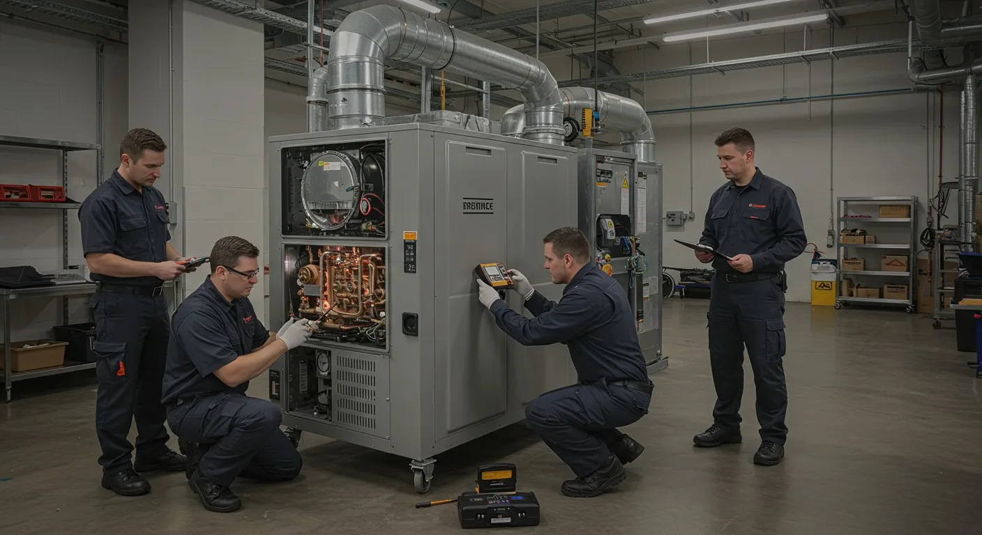 Four technicians servicing commercial heating unit.