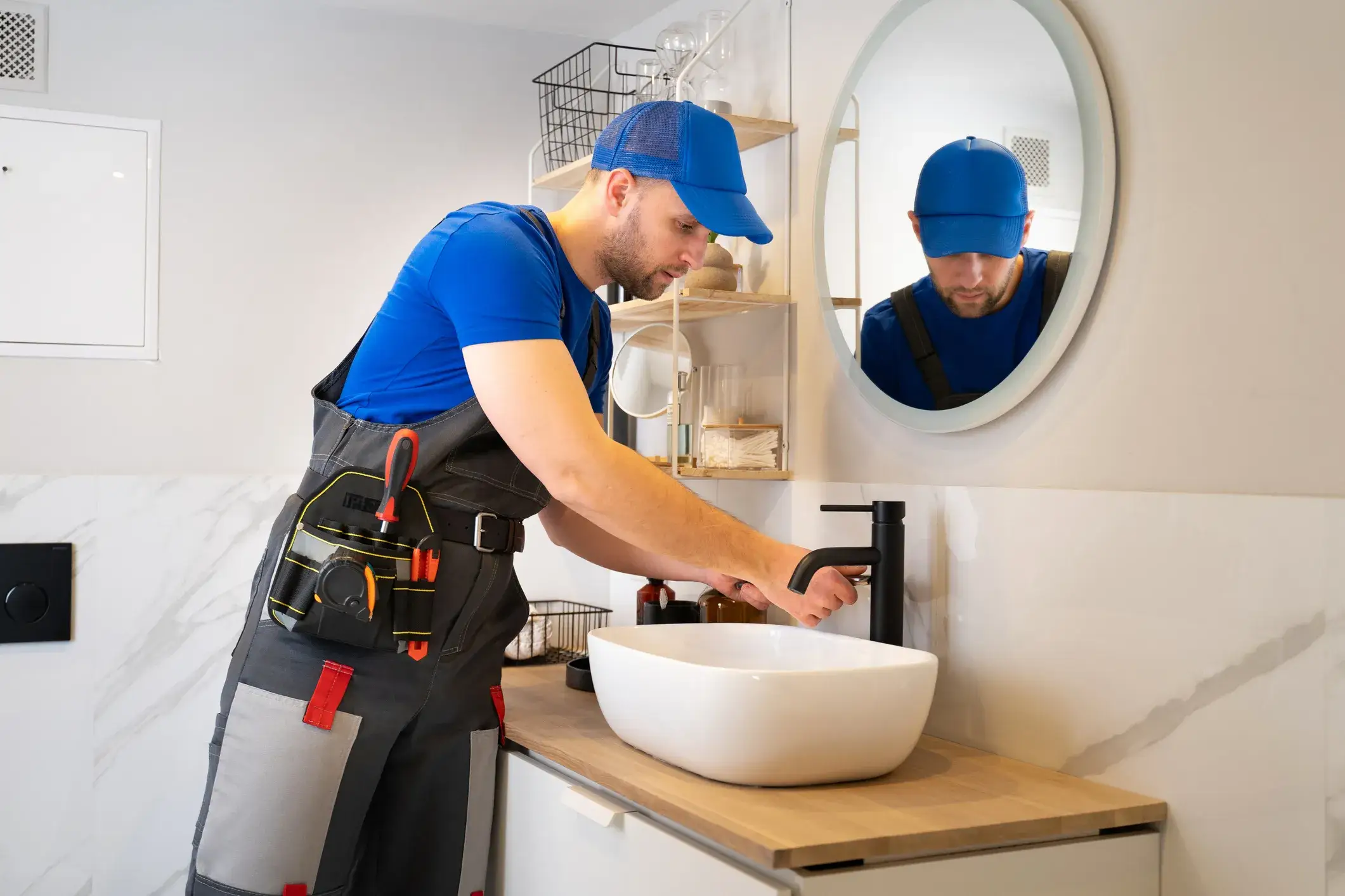 Plumbing technician in uniform testing the water flow of a black single-handle faucet in a modern bathroom vessel sink.