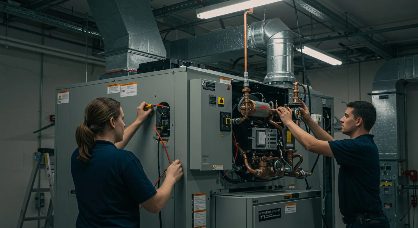 Two technicians servicing a commercial heater.